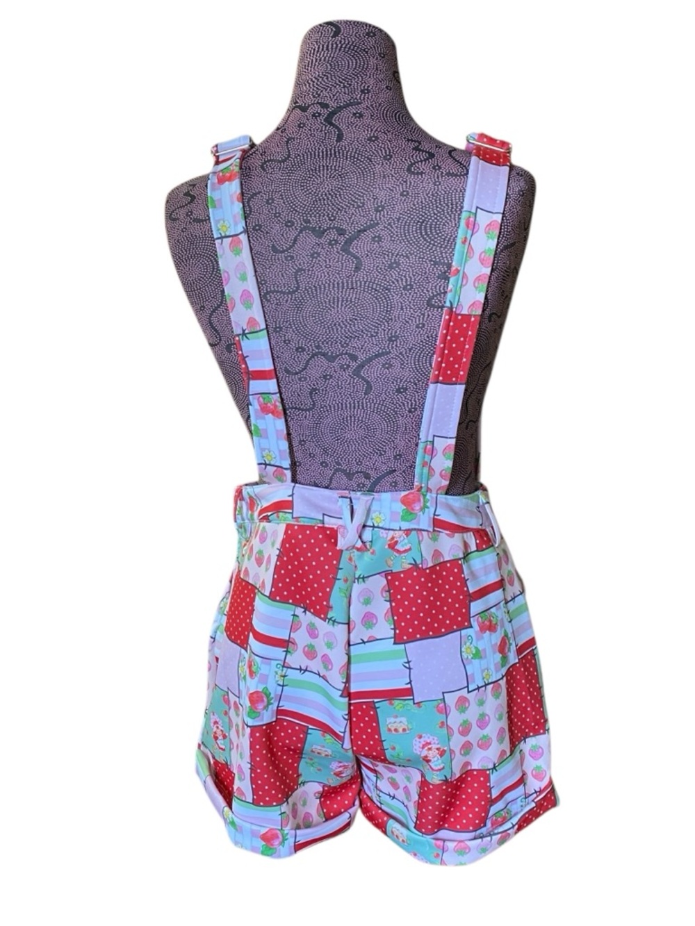 Her Universe Patchwork Strawberry Shortcake Print Short Overalls - Picture 3 of 6